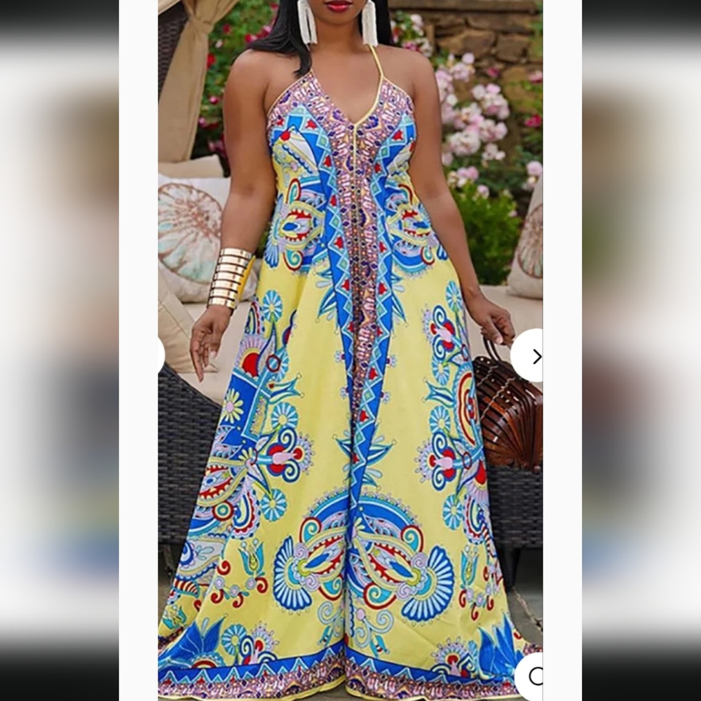 Vibrant Yellow and Blue Maxi Dress 3x Xpluswear